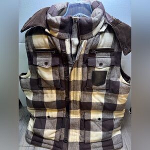 Triple Fat Goose Down Brown Plaid Buffalo Vest Jacket Men’s Sz XL Corduroy Hood